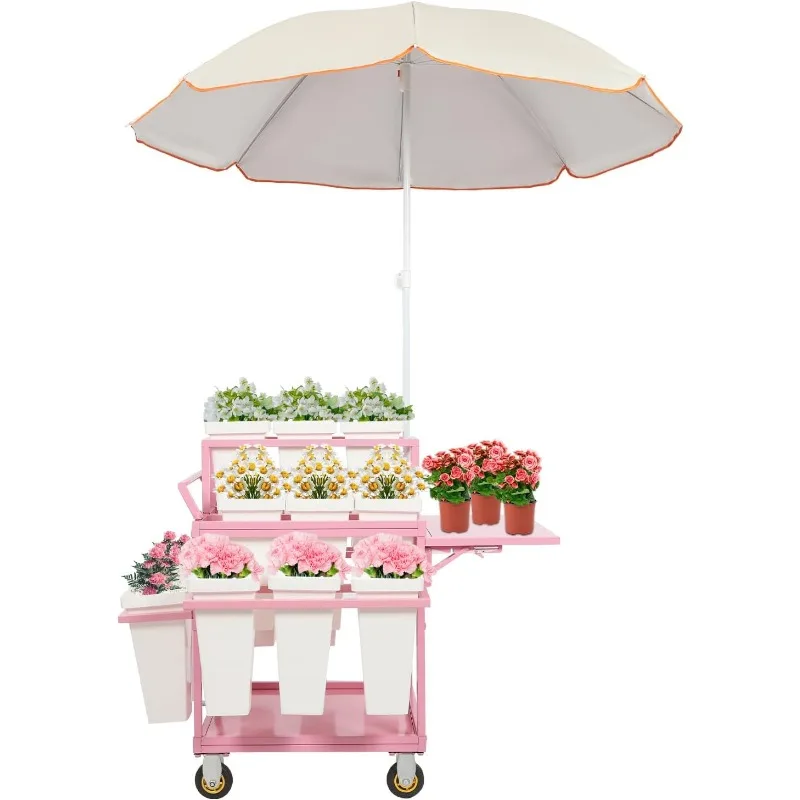 Wagen-Pflanzenständer, rollendes Blumen-Präsentationsregal aus Metall mit 18 Eimern und Sonnenschirmen, mehrere Blumentopfhalter-Regal für H