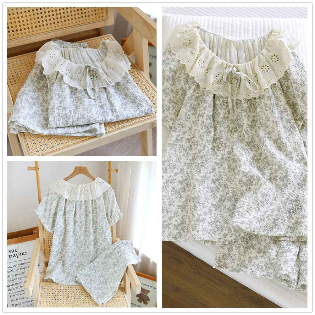 Summer Cute and Sweet Floral Printing Women's Cotton Gauze Short Sleeve Shorts Thin Pajama Set