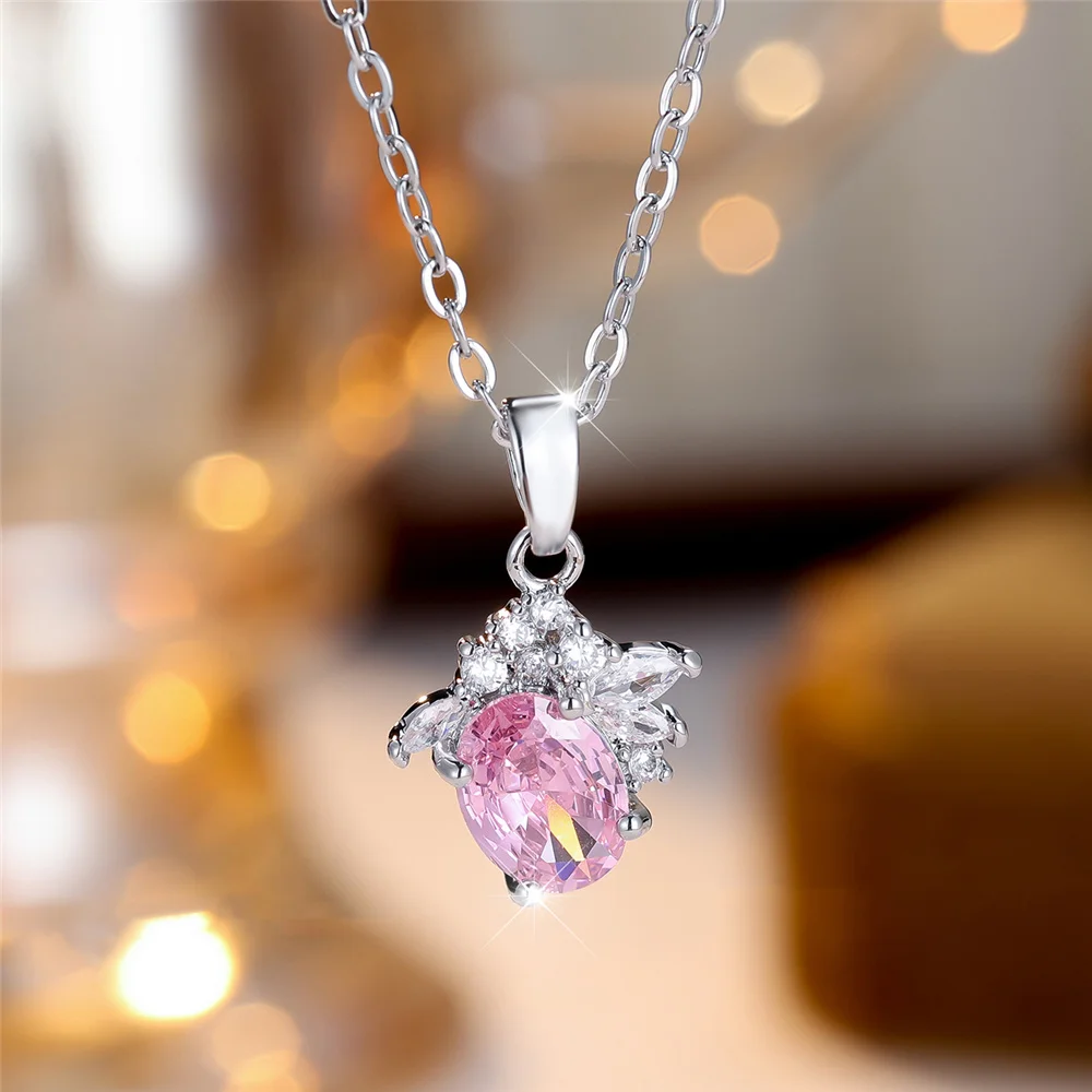 Female Crystal Pink Zircon Stone Cute Flowerr Pendant Necklace Vintage Silver Color Wedding Jewelry For Women