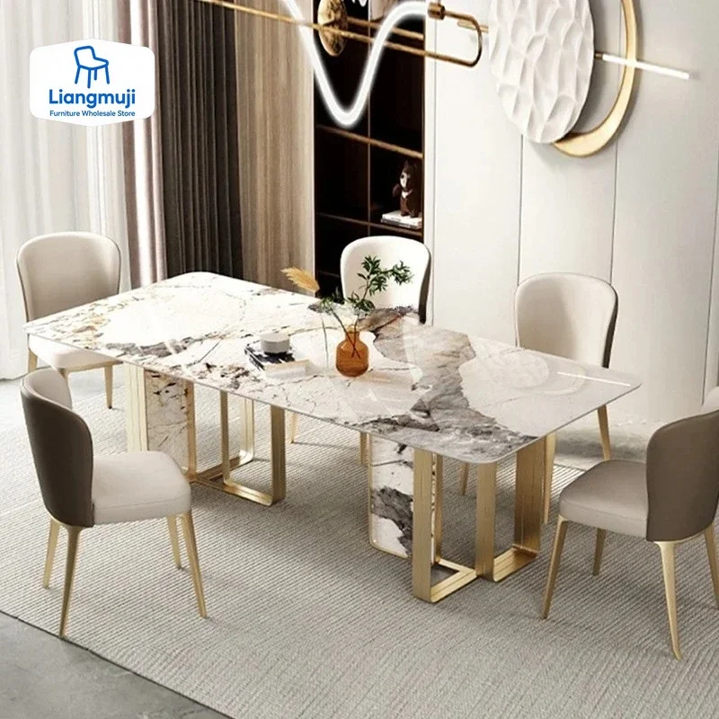 

Минималистичный обеденный стол в итальянском стиле, набор для виллы, домашняя мебель, кухонный прямоугольный стол для квартиры, роскошный 6-стулный обеденный стол