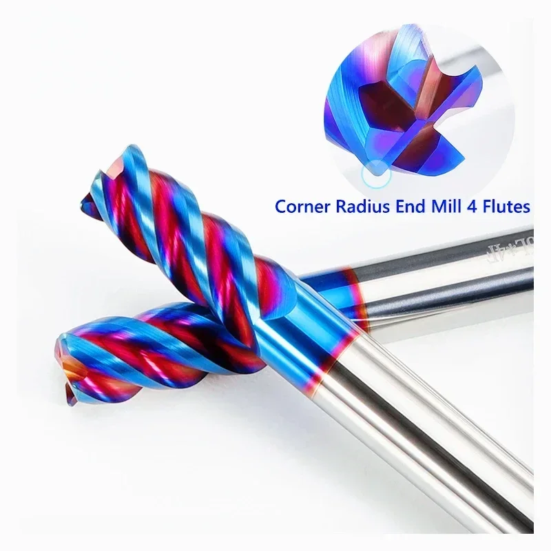 Solid Carbide Corner Radius End Mills HRC65 4 Flutes Nano Blue Coating CNC Tools  Endmills R0.5 R0.2 R1 R2~8 Surface Machining