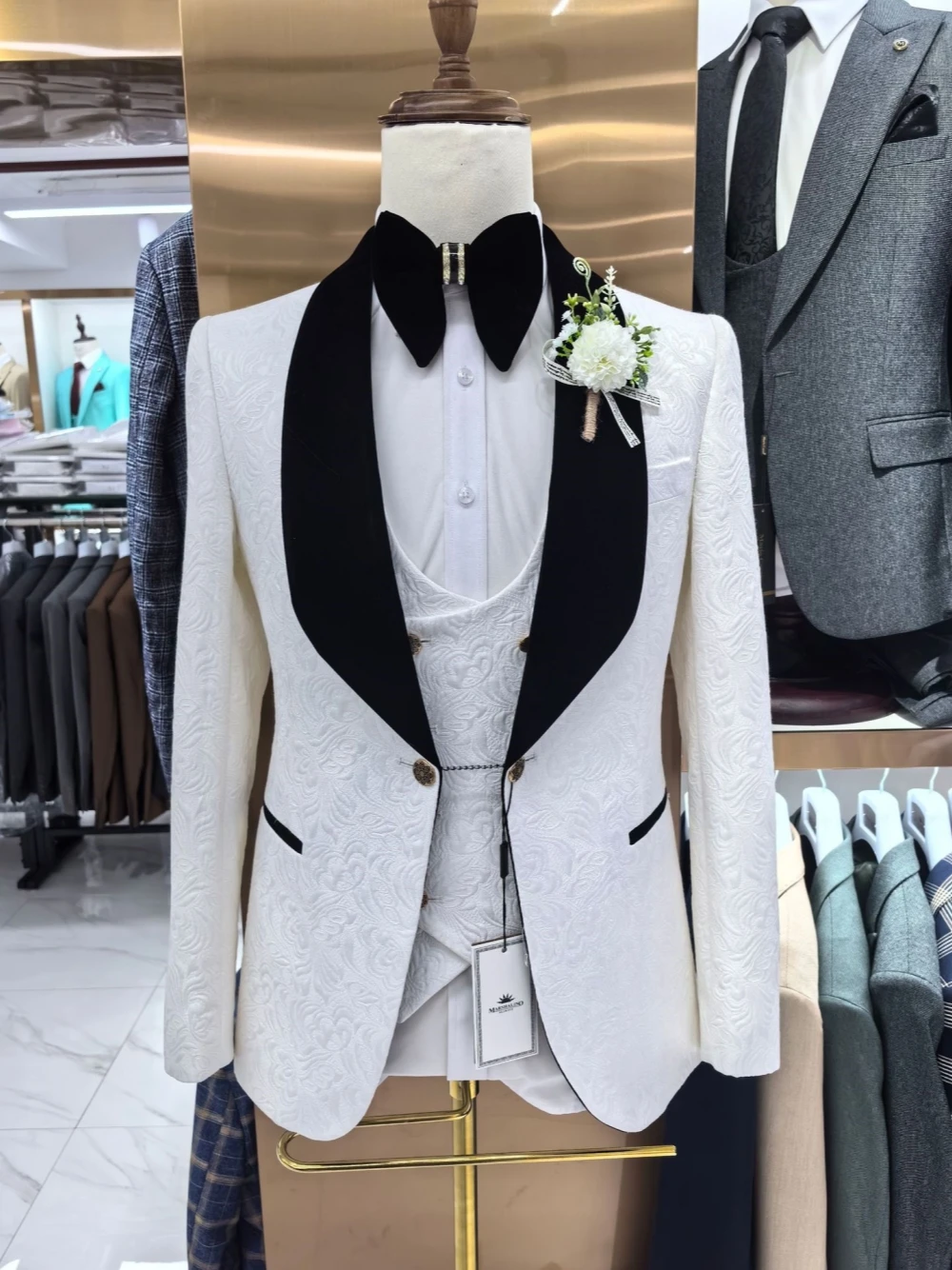 Patterned Wedding Party Men's Suit Elegant Vintage Groom Wear White Smart Jacket Vest Pants 3-pieces Set Four Seasons Tuxedo