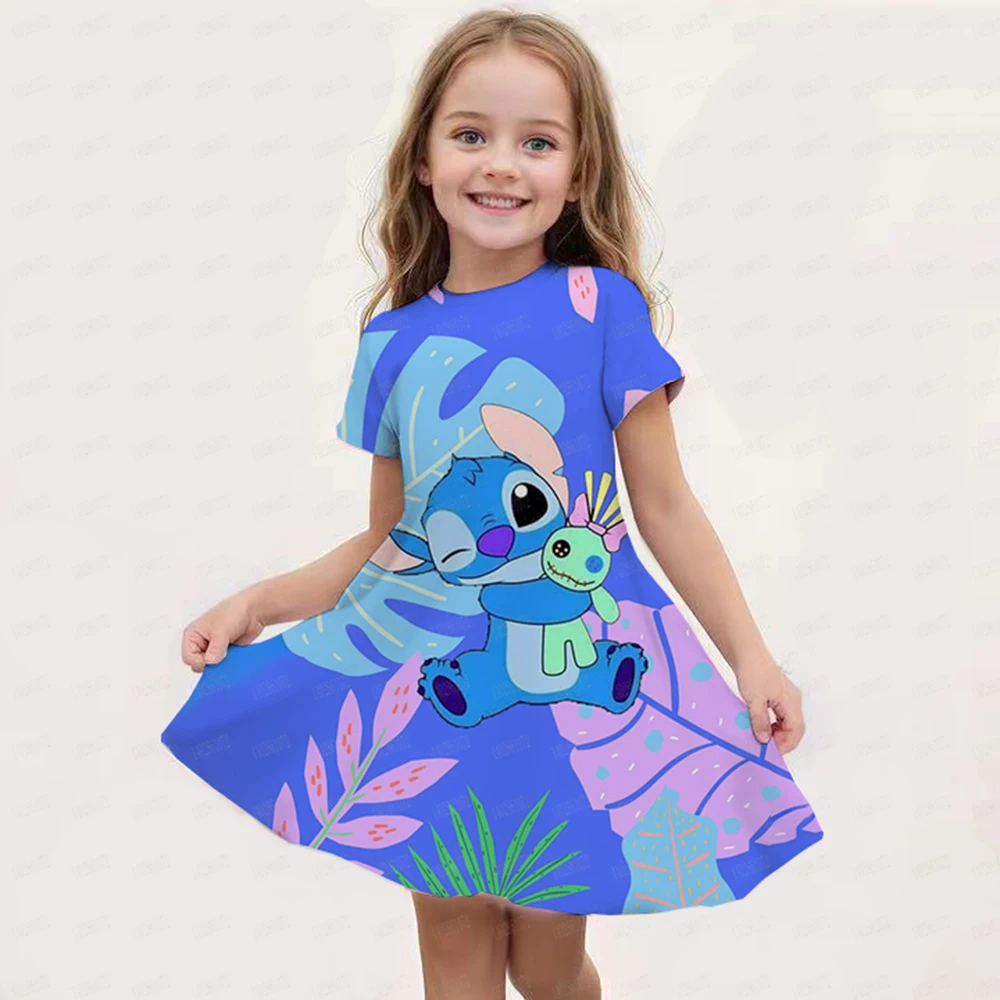 Summer Hot Sale Disney Stitch Girl Dress Kid/Adult Parent-Child Dress 3D Printed Pink Blue Stitch Cartoon Party Dress Beach Gift