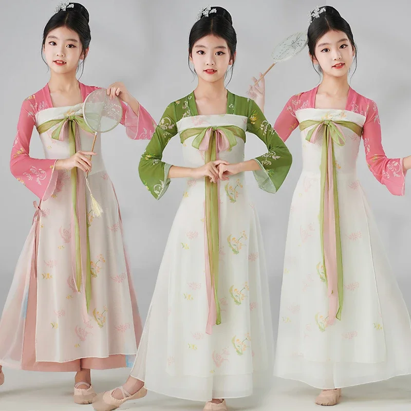 Chinese Children Folk Dance Costume Vintage Mesh Tops+pants Skirt Set Chiffon Stage Dance Wear Retro Performance Princess Hanfu