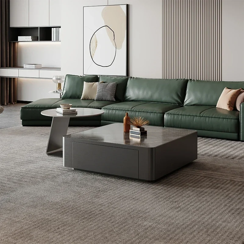 Quiet Style Simple Living Room Stainless Steel Square Stone Plate Coffee Table