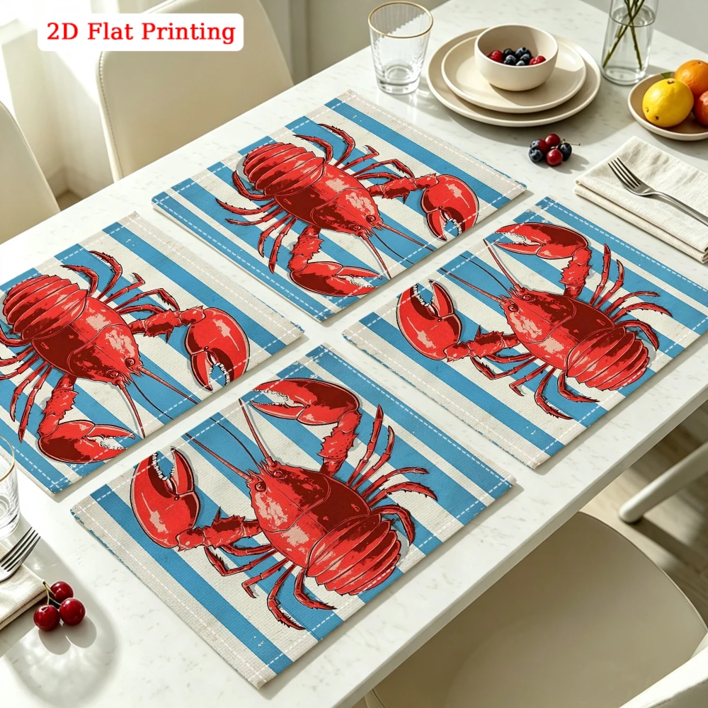 2Pcs Vintage Style Placemat Blue White Stripe Red Lobster Print Table Mat Kitchen Dining Decor Non Slip Heat Resistant 30X40Cm