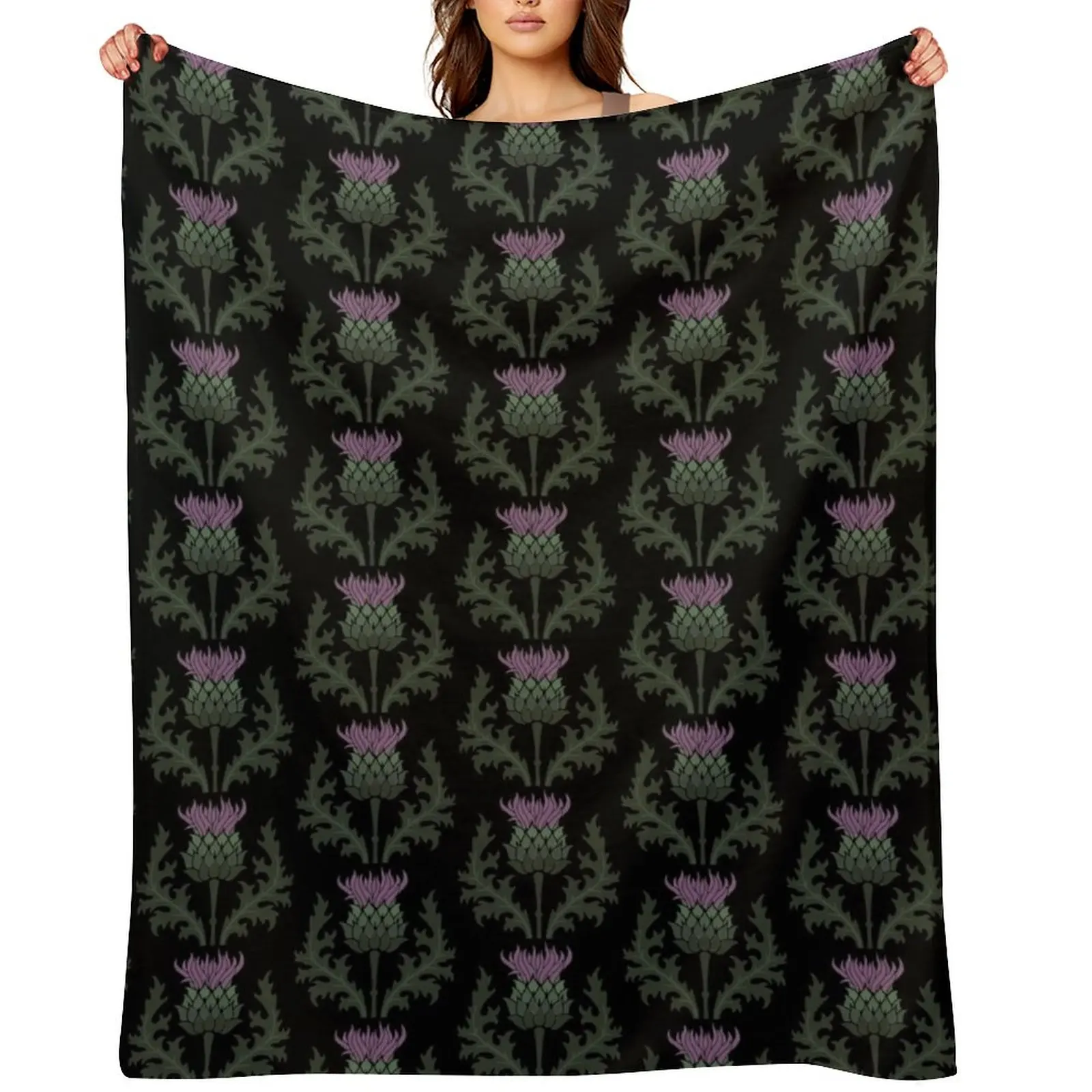 

Scottish Thistle Flower of Scotland on Black Throw Blanket Quilt Soft Plaid Travel Cute Blankets