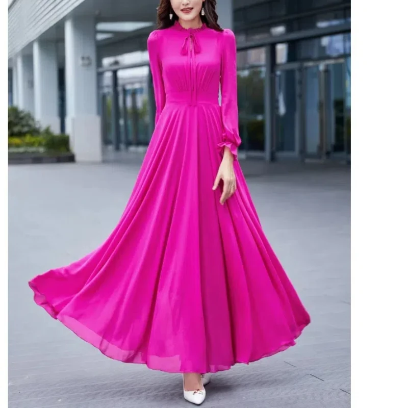 

Slim Fit Big Swing Long Sleeved Dress Slim Fashionable Versatile Solid Color Simple Loose Comfortable Beach Casual Long Style