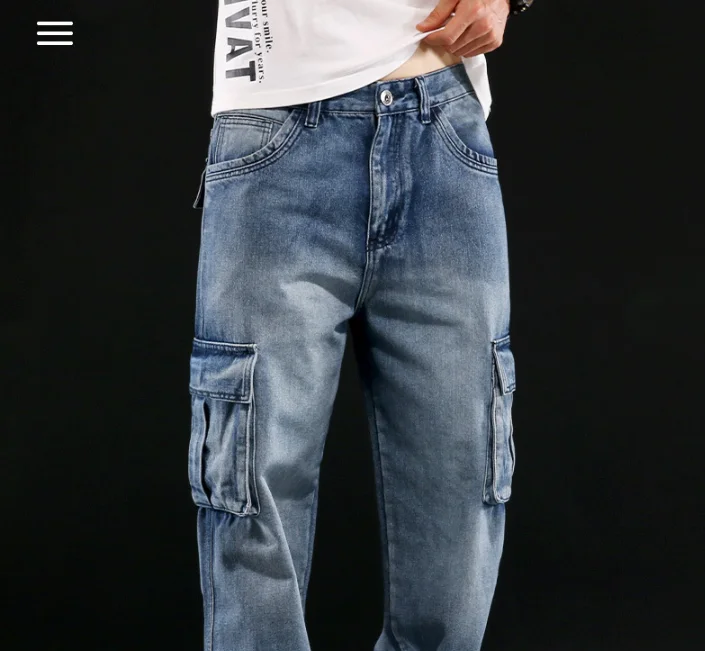 Jeans Pakaian Kerja Multi Saku Gaya Amerika, Celana Kaki Lebar Pria yang Dicuci, Jeans Kebesaran Longgar