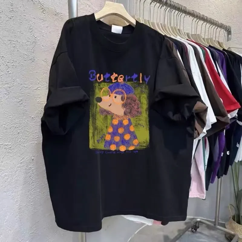 Women's Cartoon Dog Print Oversized T-shirt Casual Loose Cotton Short Sleeve Tee