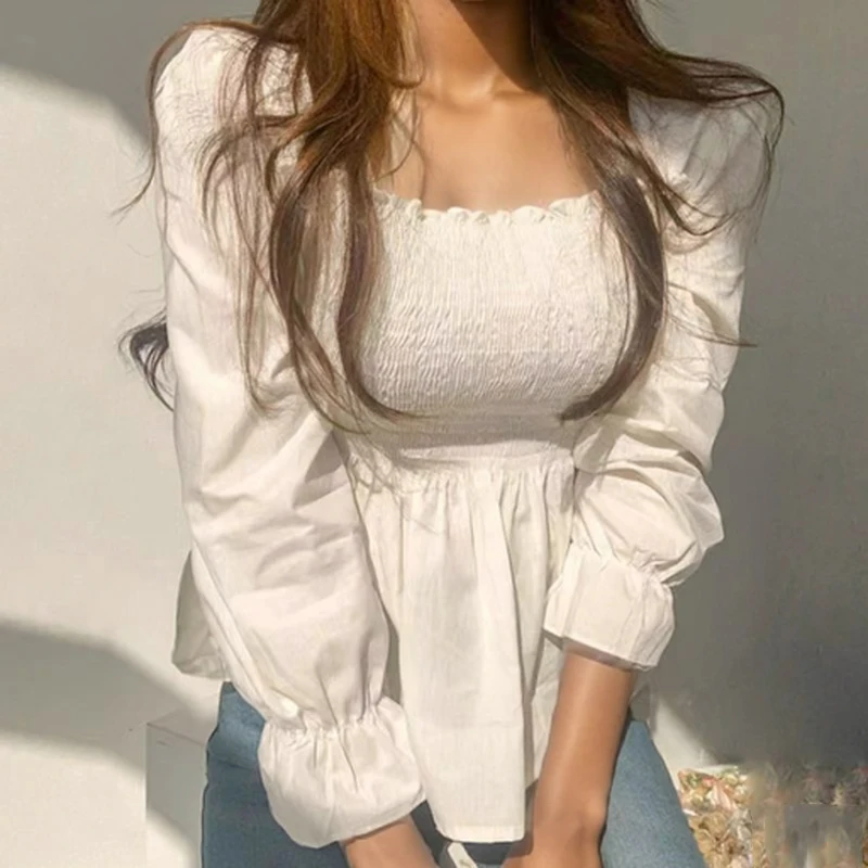 Elegant Long Sleeve Pleated White Women Blouse Office Lady Fashion Sweet Square Neck Shirt New Casual Elastic Slim Tops 8023