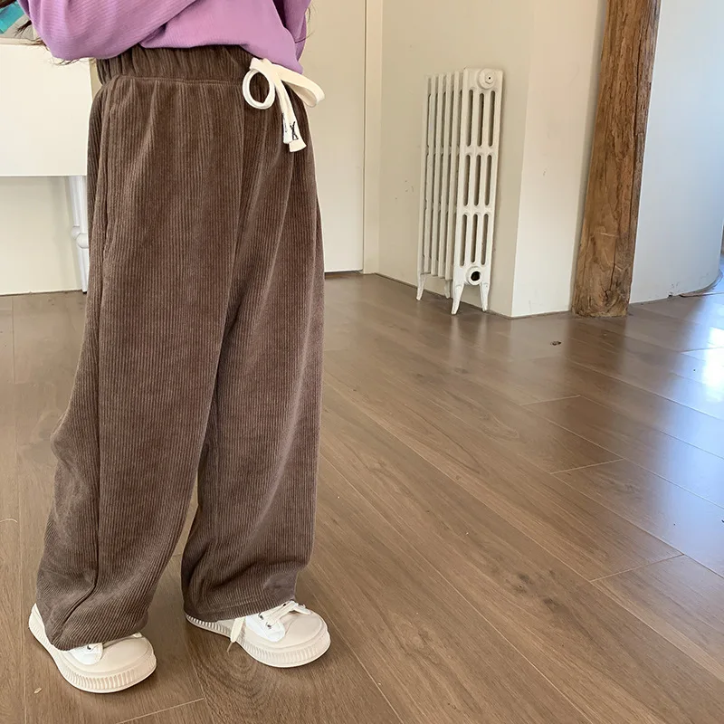 Girls' Wide-Leg Pants Autumn Clothing Fleece Padded Pants2024New Western Style Children Trousers Spring and Autumn Leisure Strai