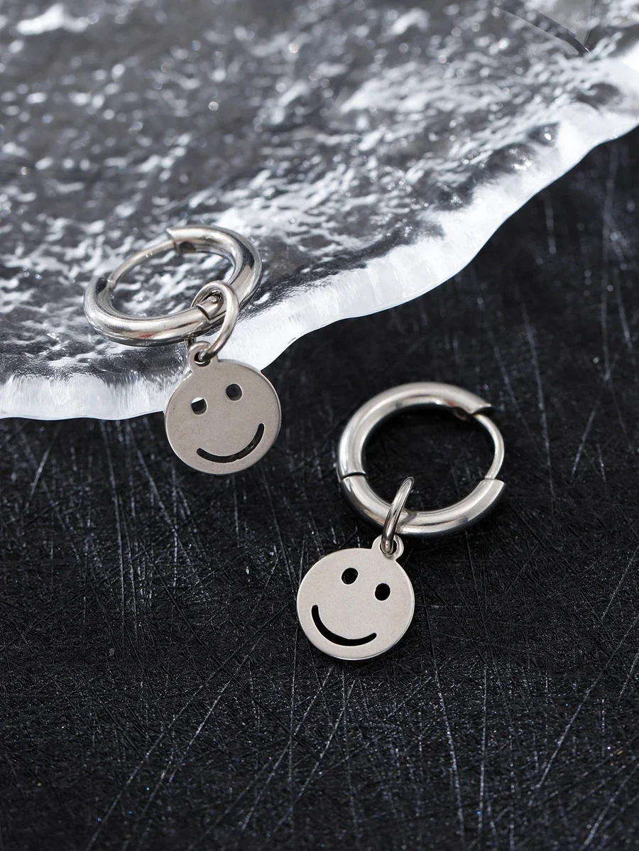 

Mens Smiley Face Charm Hoop Earrings Stainless Steel Fashion Drop Earrings