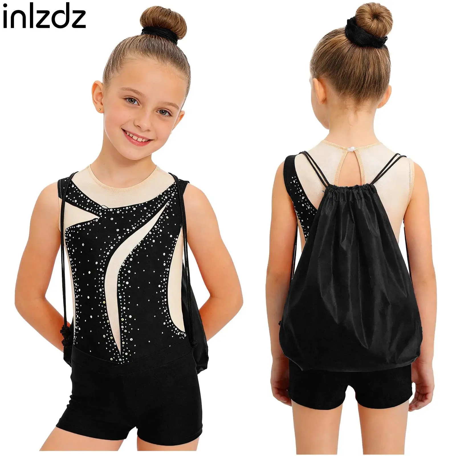 

Kids Girls Ballet Latin Dance Clothing Sleeveless Mesh Rhinestone Gymnastic Leotard with Shorts Hairband and Drawstring Backpack