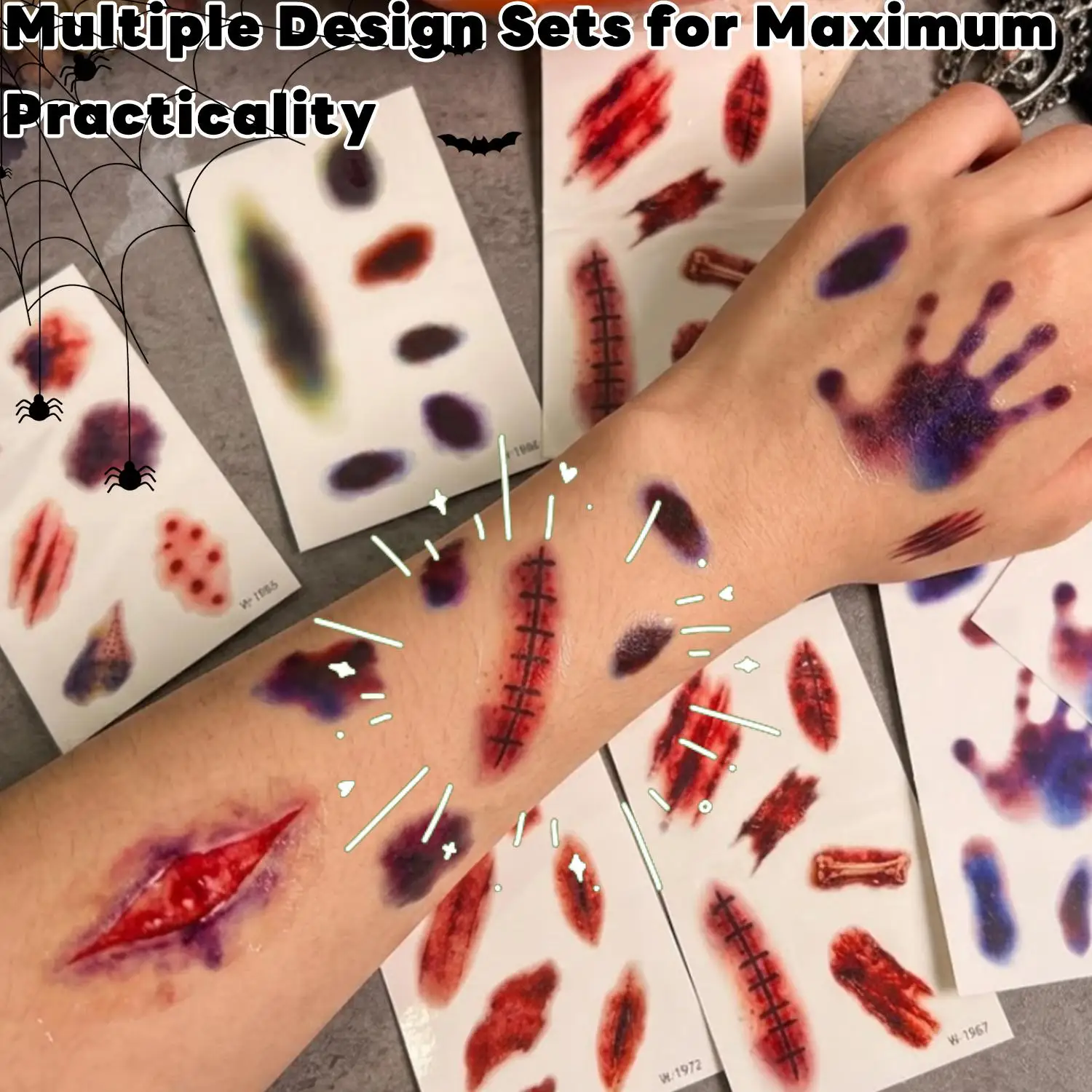 Halloween 3D Fake Scar Temporary Tattoos Bloody Wound Zombie Designs for Face/Body Costume Party Prank Cosplay Makeup Tattoos​