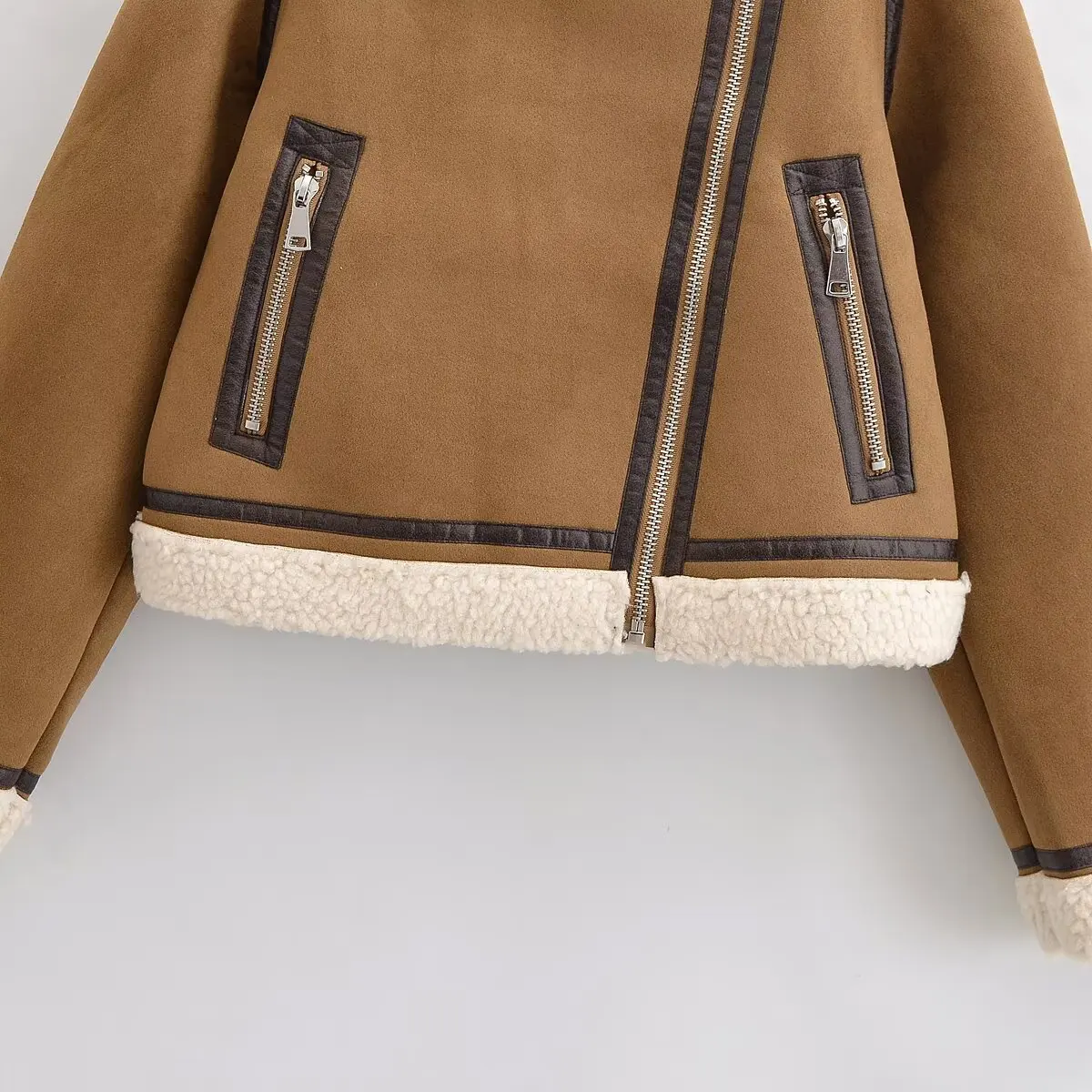 سترة دافئة أوروبية وأمريكية للخريف والشتاء بسيطة وعصرية باللون البني الحلو والرائع للدراجات النارية من الفرو القصير الكل في واحد