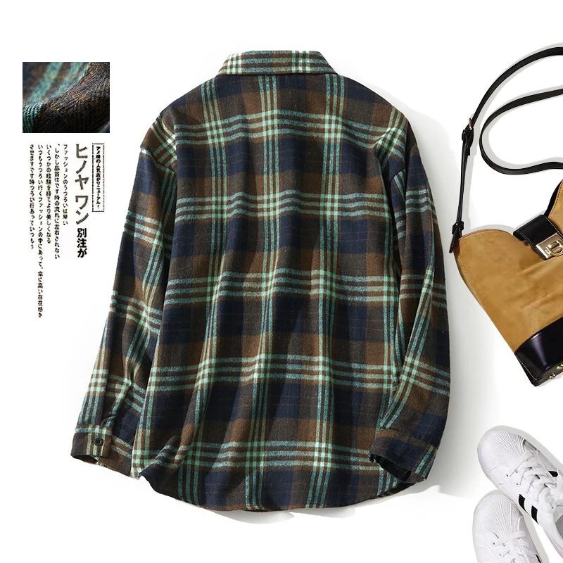 Harajuku اليابانية الرجعية الأخضر منقوشة نحى قميص المرأة فضفاضة تناسب مفتوحة الجبهة سترة الربيع جودة بلوزة الكاكي جيب القمم