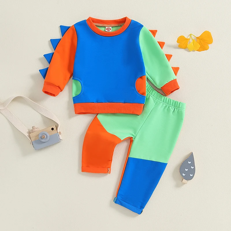 

Suefunskry Toddler Fashion Contrast Color Pants Set Long Sleeve Round Neck Dinosaur Sweatshirt Tops Long Pants Fall Outfits