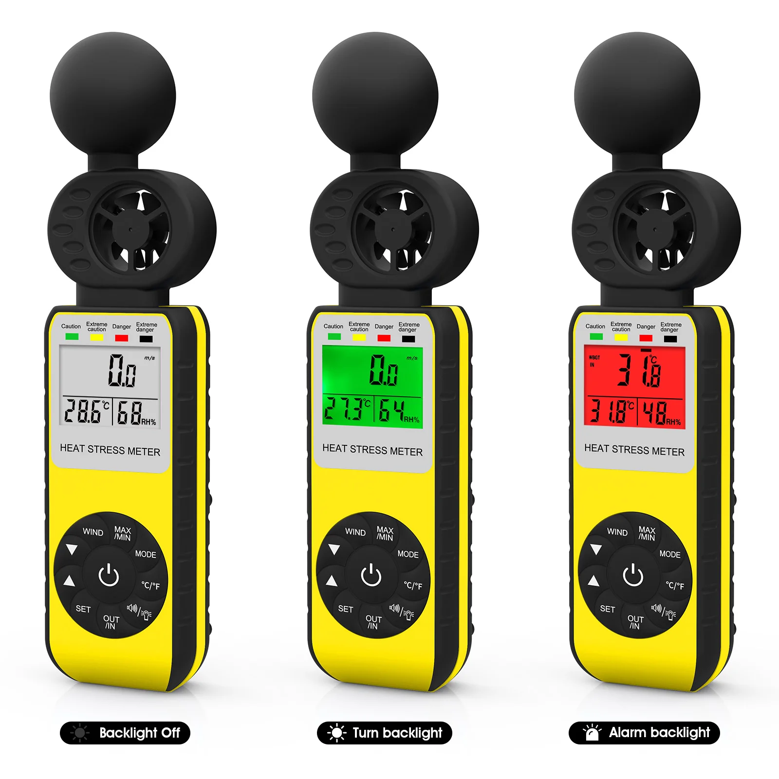 Anemometr cyfrowy z testerem WBGT dla prędkości wiatru, miernika naprężeń cieplnych, temperatury powietrza, wilgotności, 4 w1, 0 ~ 30 m/s, 0 ~ 50 ℃