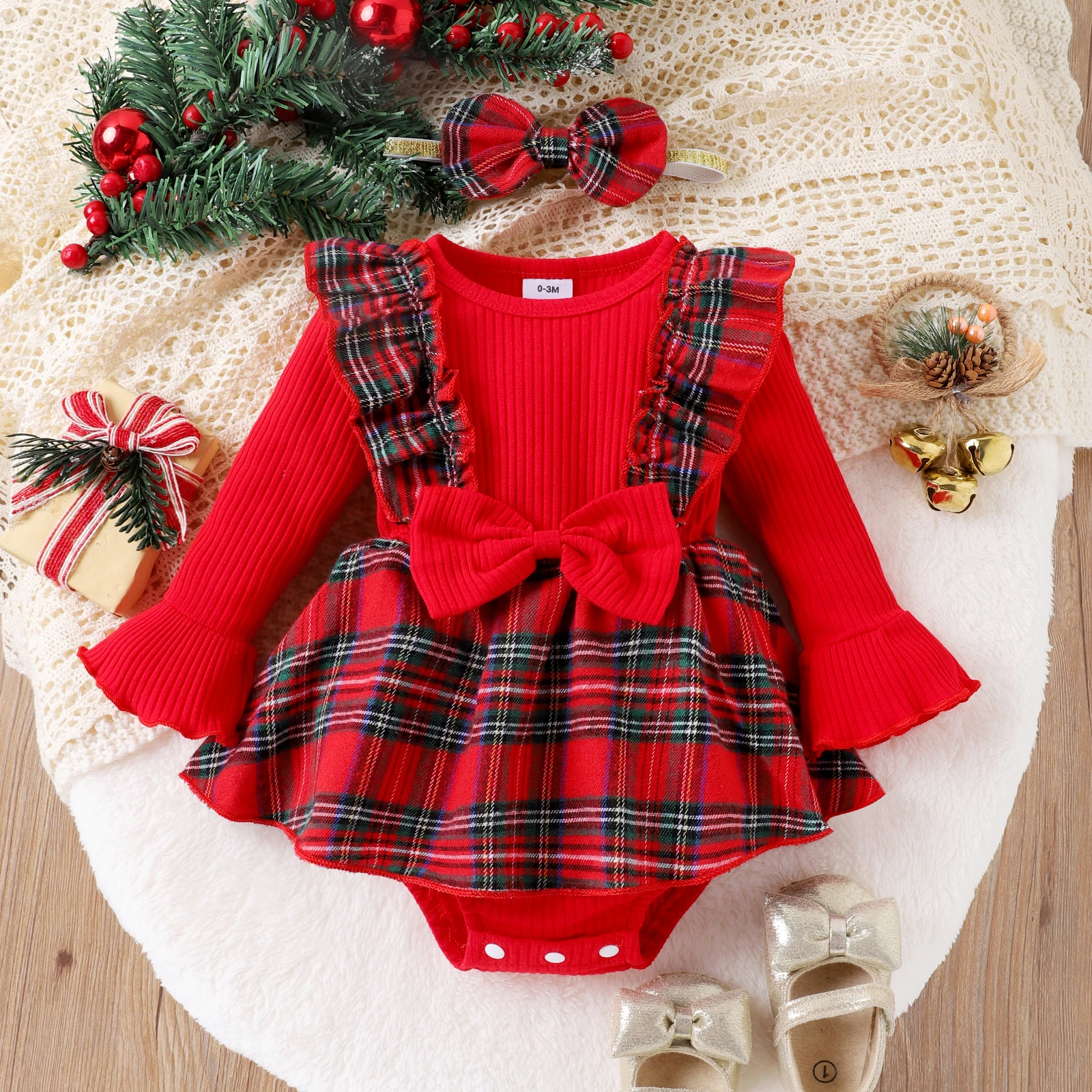 Baby Girls Long Sleeve Christmas Rompers Infant Ribbed Plaid Round Neck Bodysuit Headband Sweety Newborn Xmas Jumpsuits