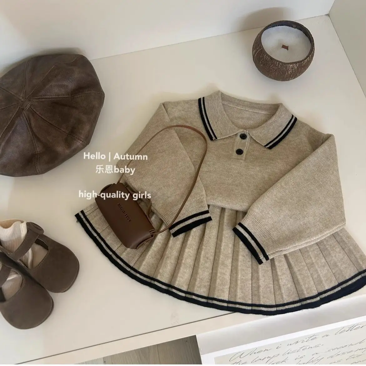 

Baby Girls Set Autumn/Winter New Children's Khaki College Style Sweater+pleated Skirt 2-piece Set 2 4 6 7Y