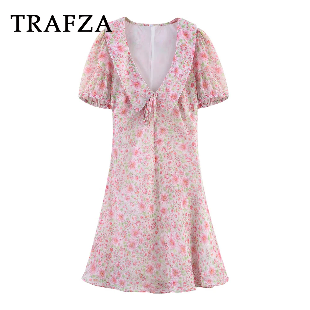 

TRAFZA Women's Elegant Pink Floral Dress V-Neck Short Sleeve Casual Print Summer Fashion 2025 Summer Chic Female Short Dress