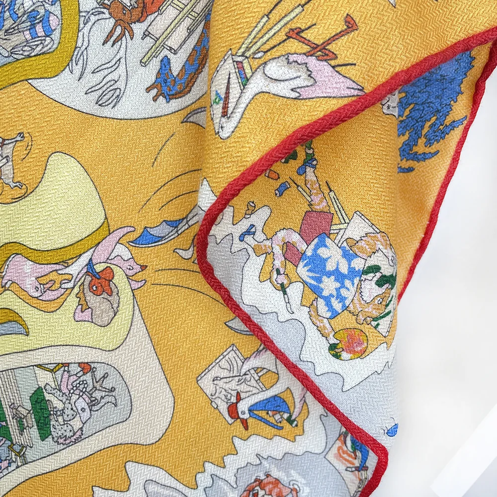 Double Sided Silk Wool Scarf 85CM Winter Luxury Hand Rollerd Shawls Women Square Bandanas Scarves Mother Gift Horse Print