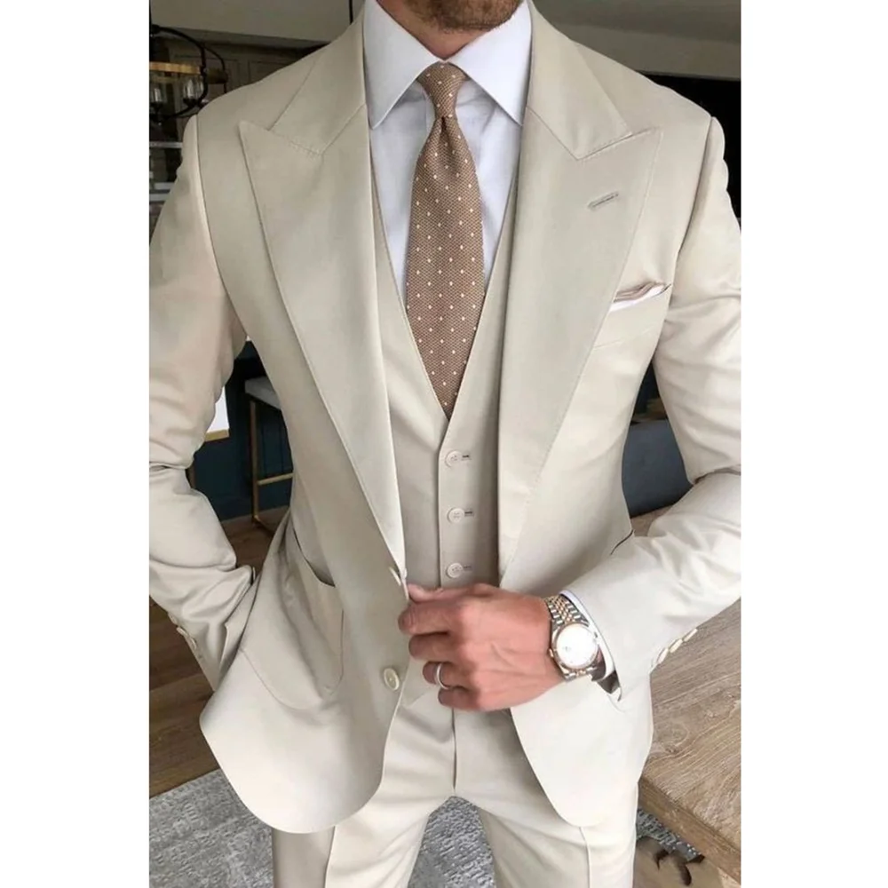 

Men Suits 3 Piece Fashion Peak Lapel Single Breasted Beige Outfits Business Casual Slim Wedding Tuxedo (Jacket+Vest+Pants)