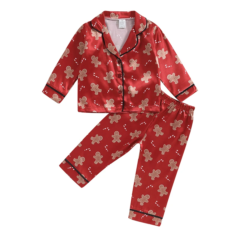 

Toddler Baby 2Pcs Pajamas Set Christmas Long Sleeve Gingerbread Man Print Button Up Shirt and Pants Set Sleepwear