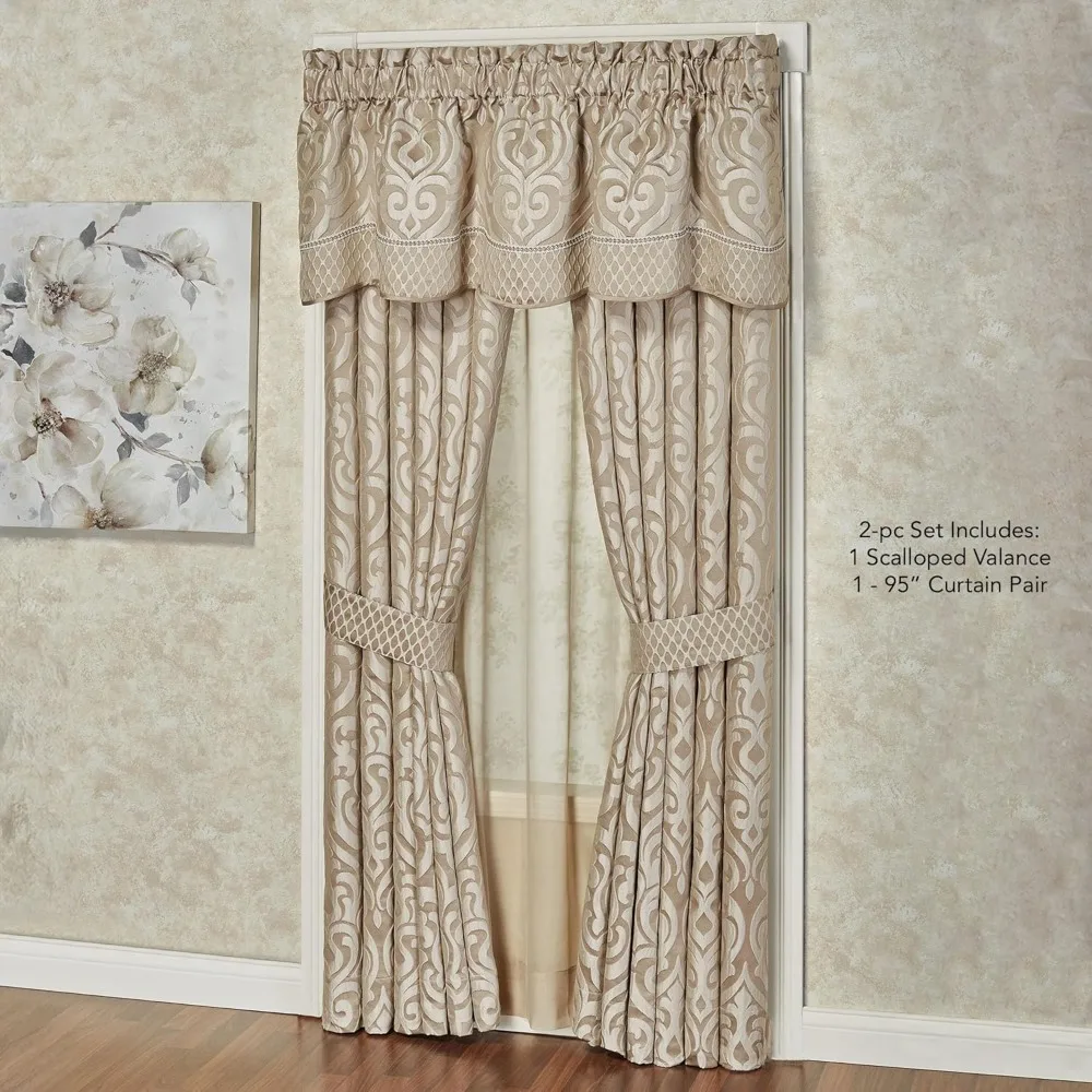 luxury window treatments in neutral sand and beige with jacquard-woven puff-textured scrollwork medallions