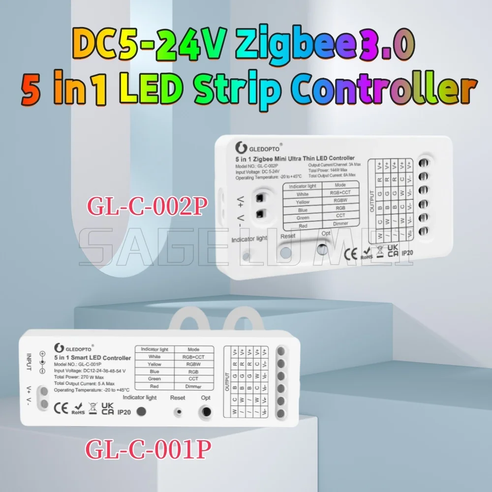 

GLEDOPTO DC5-24V Zigbee3.0 Smart 5 в 1 Контроллер светодиодных лент GL-C-001P 5A/002P 6A и различные шлюзы, такие как SmartThings Tuya