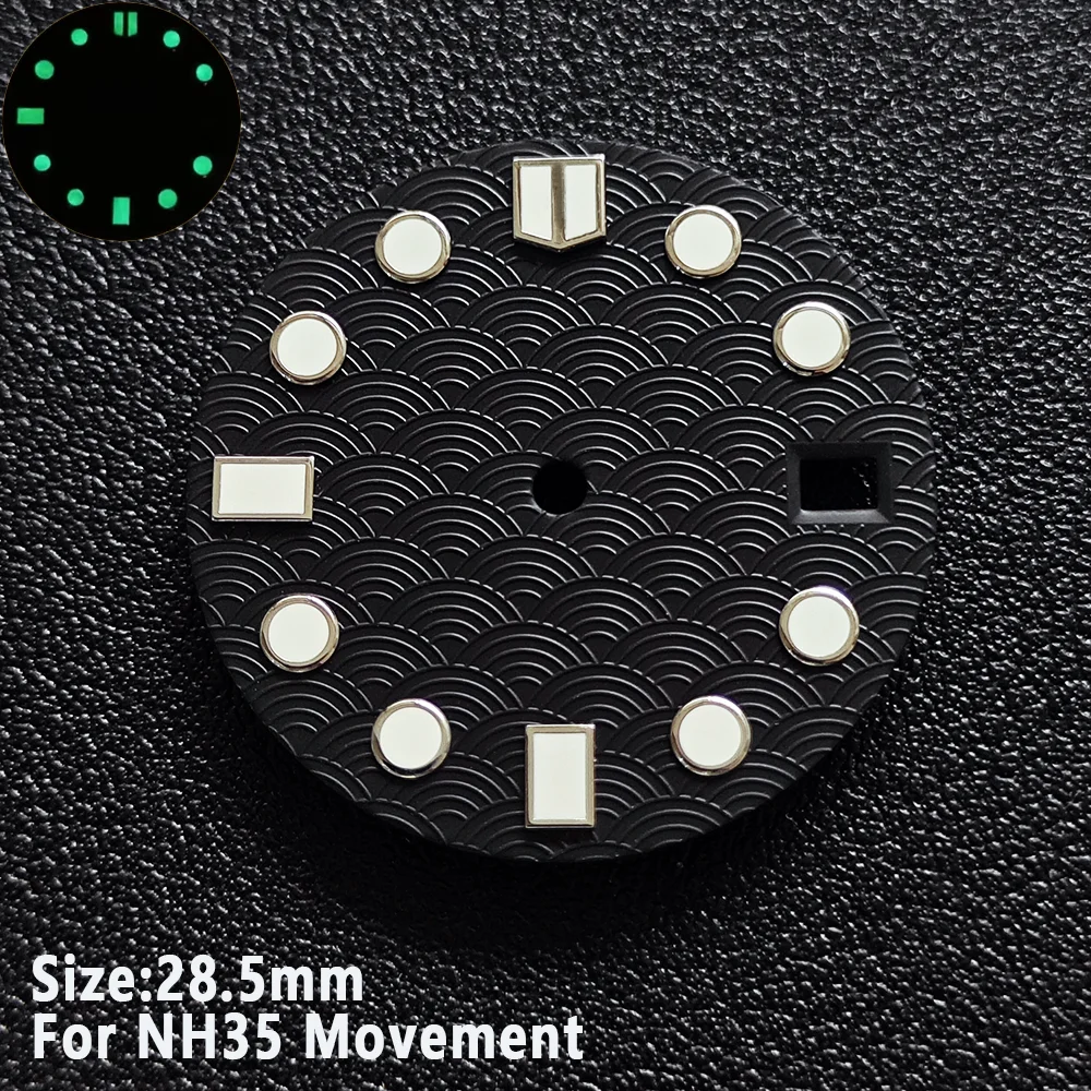 28.5mm NH35 Sea Wave Fish Scale Pattern Dial Single Calendar Green Luminous Watch Dial For NH35 Movement Watch Accessories