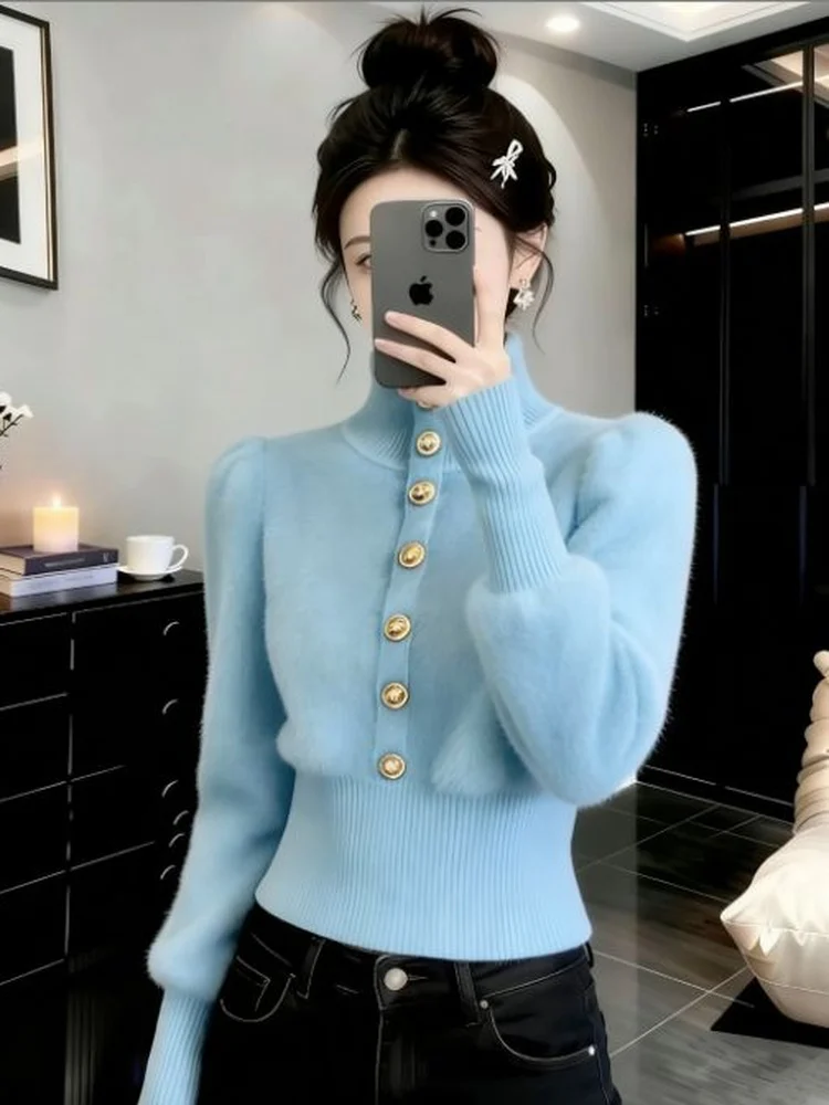 

Потрясающий уникальный корейский синий вязаный свитер, зимняя мода, внутренняя одежда, топ, красивый роскошный дизайн с высокой талией, длинный...