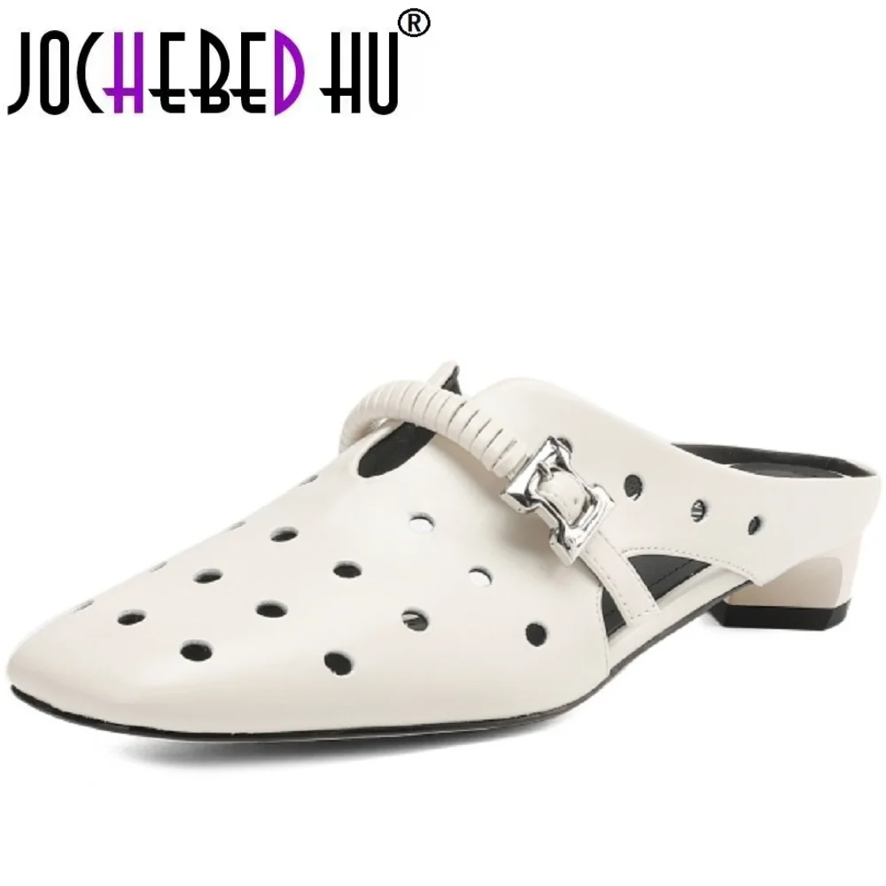

【JOCHEBED HU】Новая летняя женская обувь из натуральной кожи, современные сандалии с квадратным носком, тапочки, женская обувь, размеры 34-40