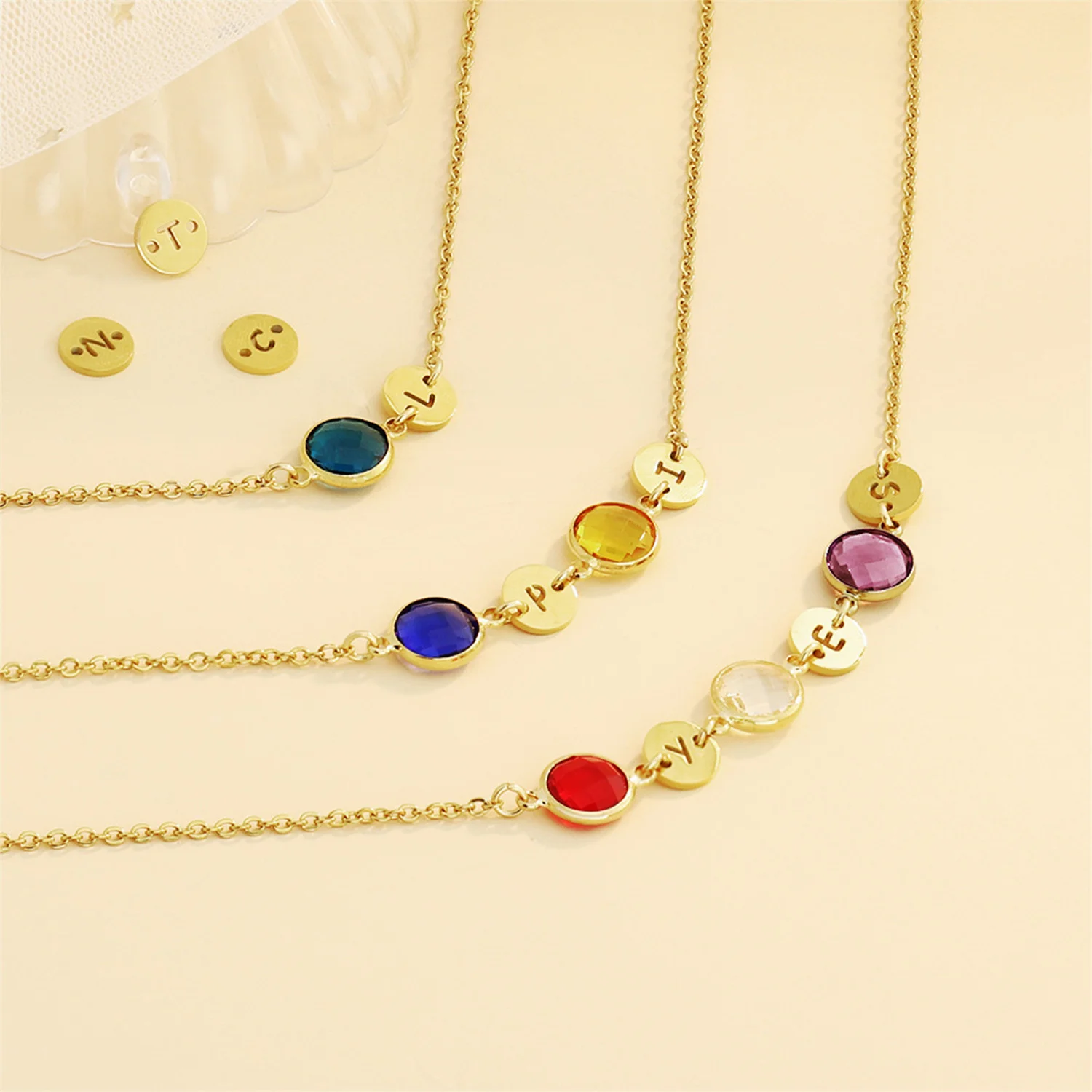 Round Hollow Letter Pendant Birthstone Necklace 