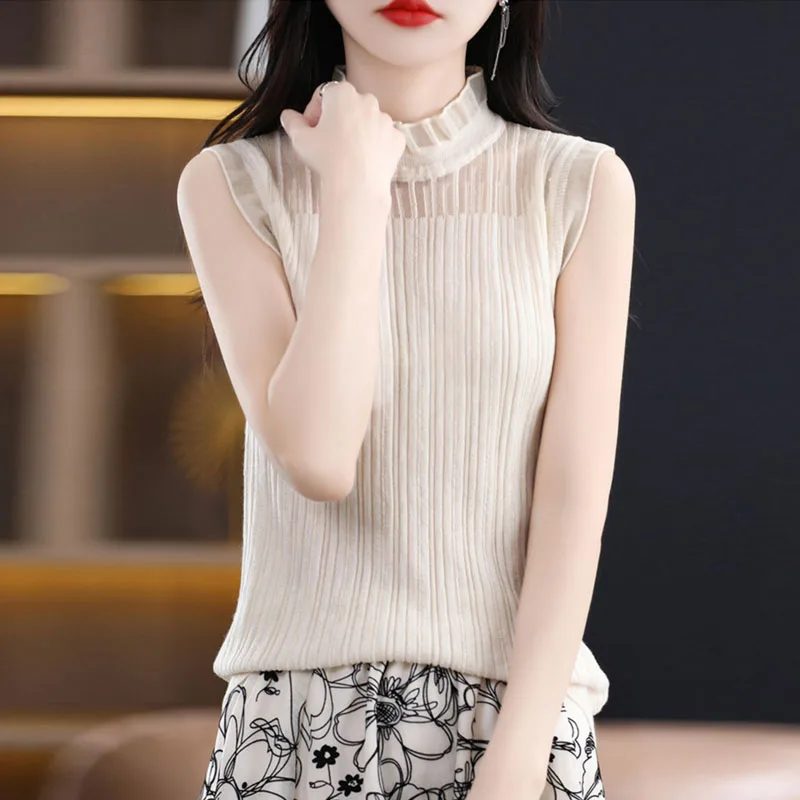 

Модный вязаный свитер без рукавов для женщин, пуловер с рюшами на воротнике, ажурный вязаный свитер, топы для женщин, трикотаж Q3398