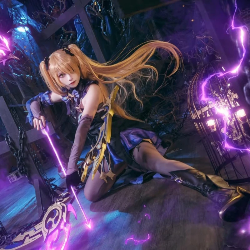 أزياء لعبة Genshin Impact Fischl التأثيرية أزياء Prinzessin الموحدة على طراز الرسوم المتحركة للنساء شعر مستعار ذهبي مجموعة كاملة من موافعات حفلات الهالوين