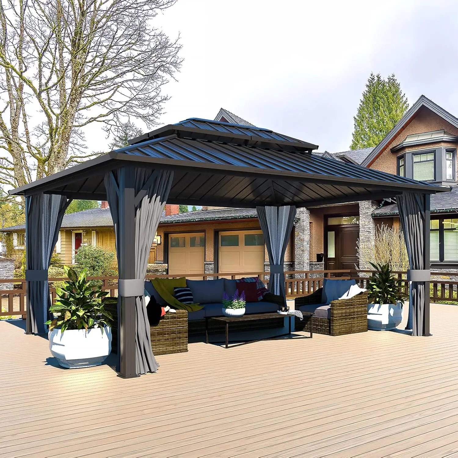 

12x14 FT Hardtop Gazebo Canopy with Double Galvanized Steel Roof, Garden, Backyard, Black