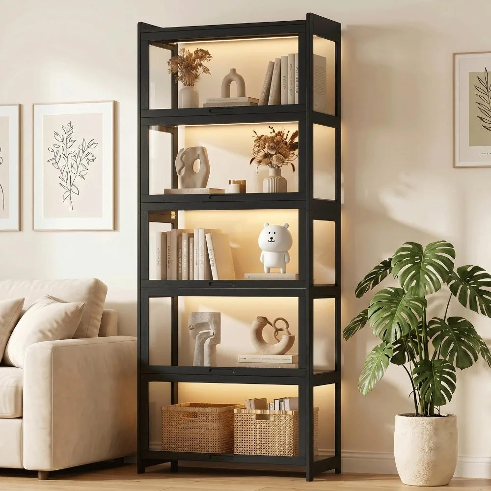 Display Cabinet with Acrylic Doors, 67.5" Tall, Black Full 4-Side Transparent Display Case