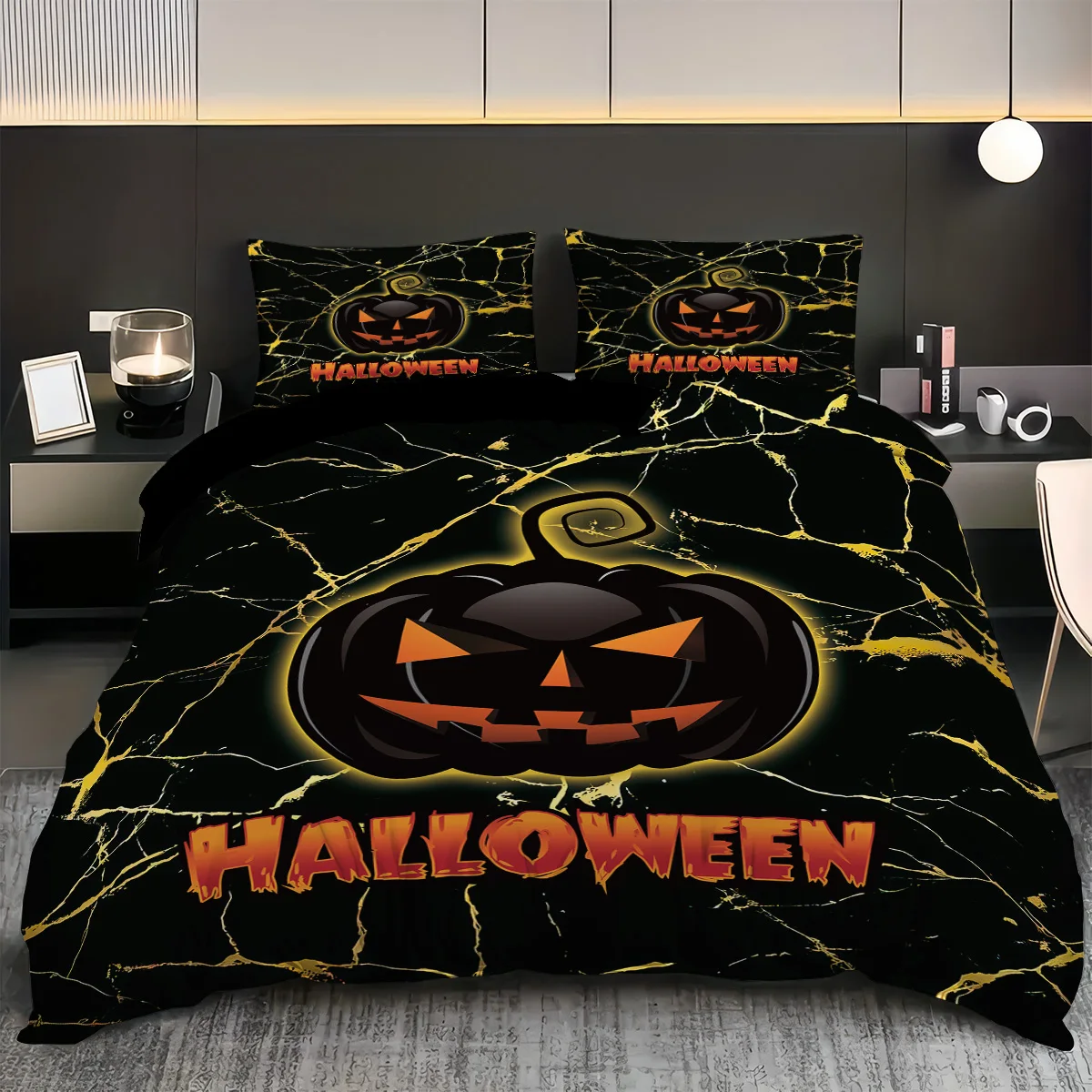 3pc Halloween Evil Pumpkin Marble Texture Print Coreless Quilt Set Multi Size Dormitory Bedroom Comfortable Machine Washable