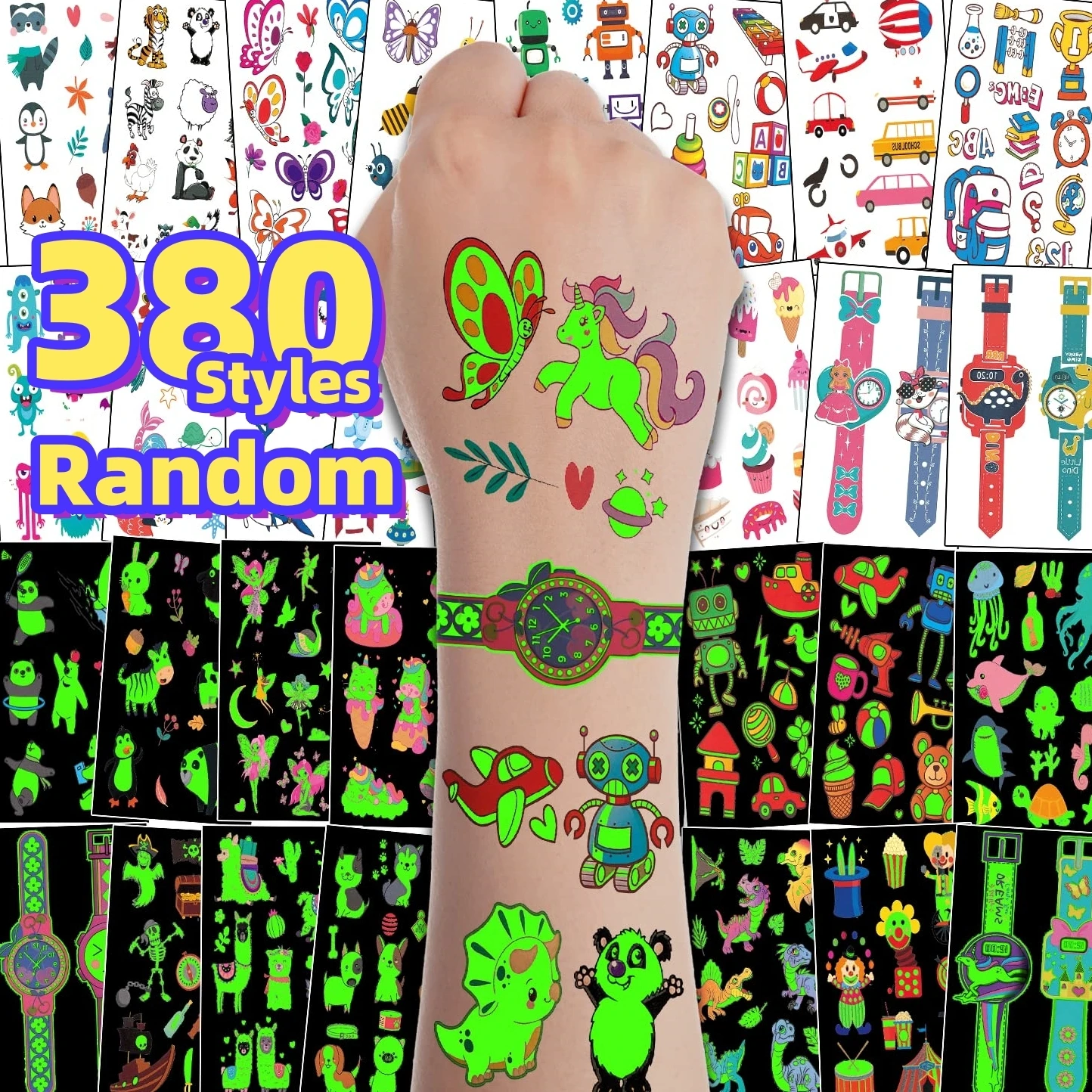 380 Styles (30 Sheets) Luminous Tattoos for Kids, Mixed Styles Temporary Tattoos Stickers with Unicorn/Mermaid/Dinosaur