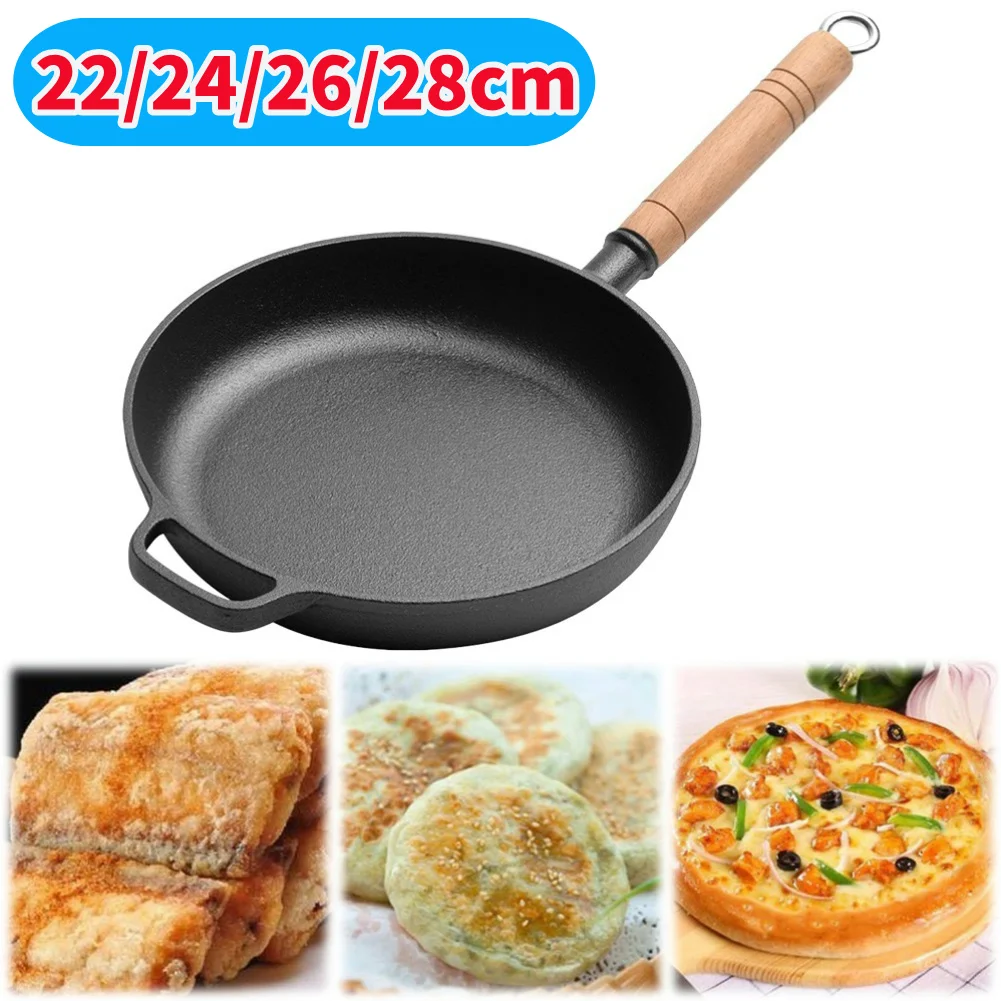 Cast Iron Nonstick Pre-Seasoned Skillet 22/24/26/28cm Portable Camping Outdoor Skillet with Wood Handle Kitchen Omelette Pan