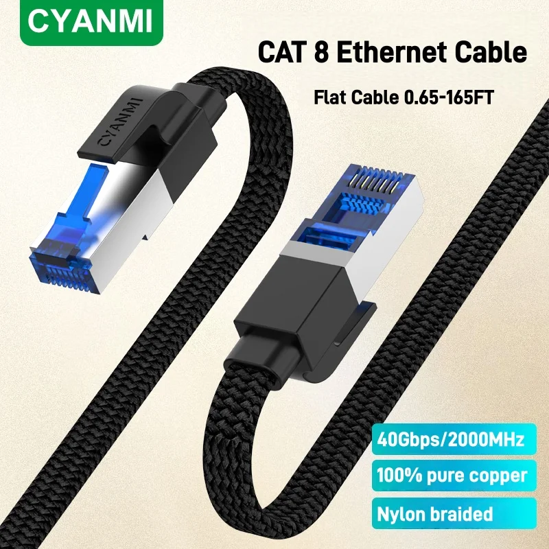 CYANMI Long Cat 8 Ethernet Cable, Flat High Speed 40Gbps 2000Mhz Internet Cable Braided Network Cord RJ45 Cables for Cat7 cat6a