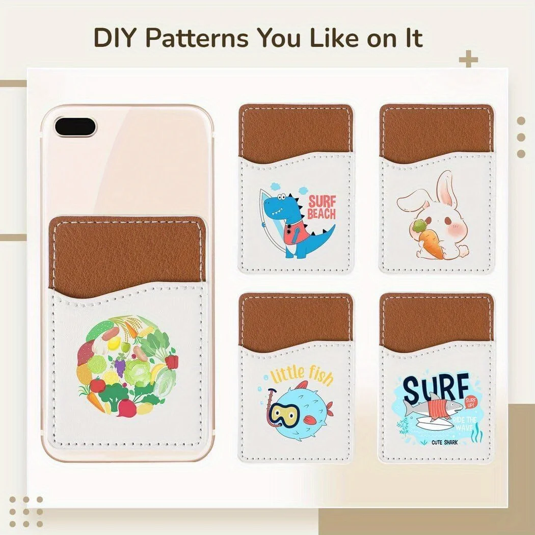 3 Pack Sublimation PU Leather Stick-On Phone Card Sleeves - Cell Phone Back Pockets for Cards with DIY Thermal Transfer Pattern