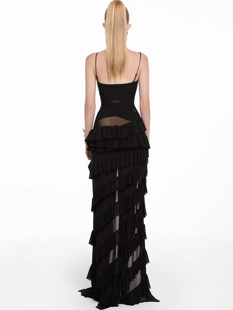 Weird Puss Tiered Kleid Damen Patchwork Mesh Unregelmäßiger Saum Ärmellos Figurbetont Sexy Midnight Hottie Mode Dinner Party Bodycon – Detail 16