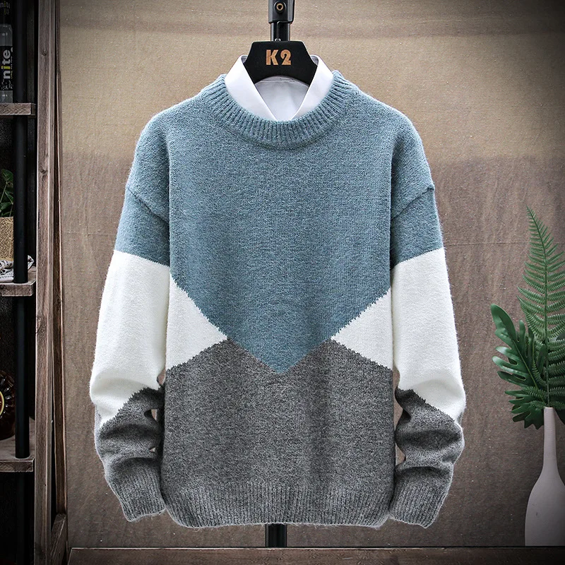 2023 Winter Men Knitted Sweater Korean Trendy Round Collar Spliced Color Underlay Sweater Plush Warm Male Pullover Sweater