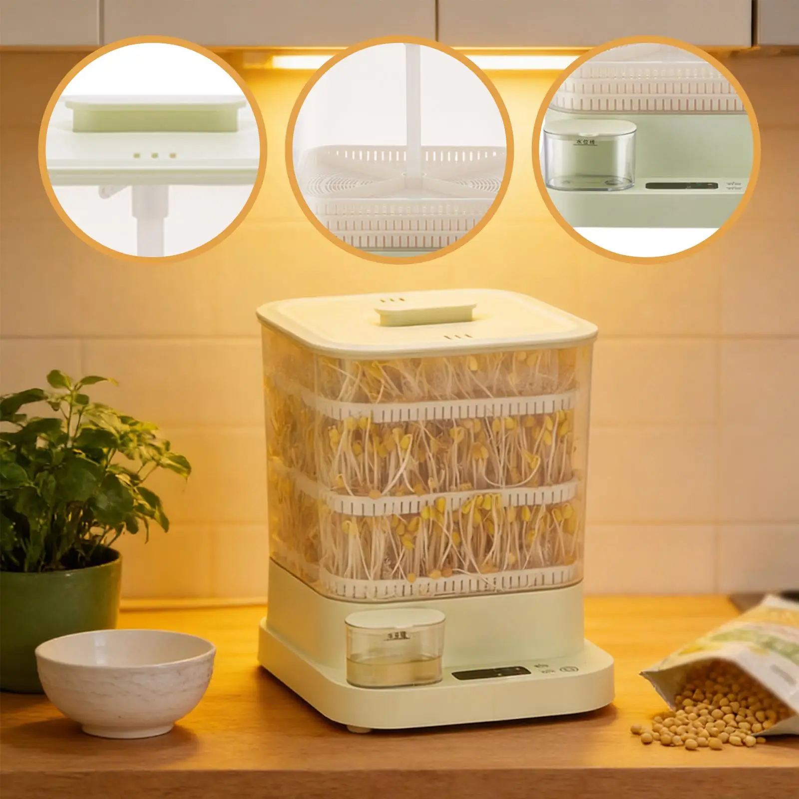 Bean Sprouts Maker Home Use Adjustable 3 Layer Large Yield Sprouter with External Water Tank Design