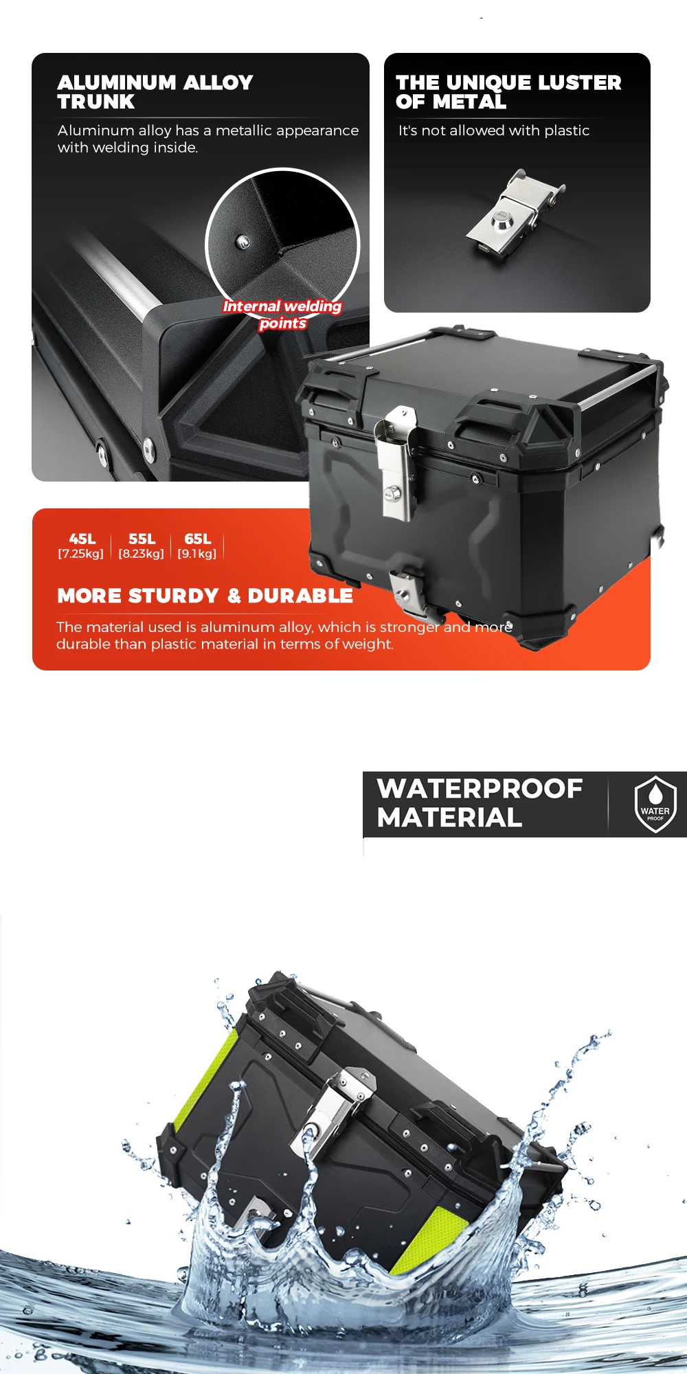 KEMIMOTO Motorrad-Topcase Universeller Aluminium-Koffer Motorrad-Heckbox 45L 55L 65L Wasserdicht mit Schloss & Rückenkissen – Detail 4