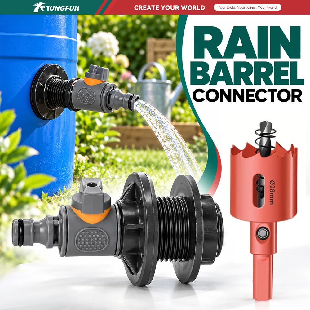 TUNGFULL Water Barrel Adapter Kit Spigot Kit Built-in Shut-off Valve 28mm Hole Saw Leak-proof for Garden Water Tank Harvesting