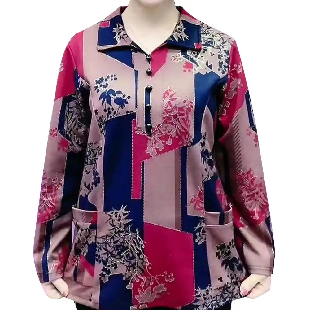 

Comfortable Top Geometric Print Lapel Shirt with Pockets for Women Stylish Loose Fit Long Sleeve Top Retro Print for Body